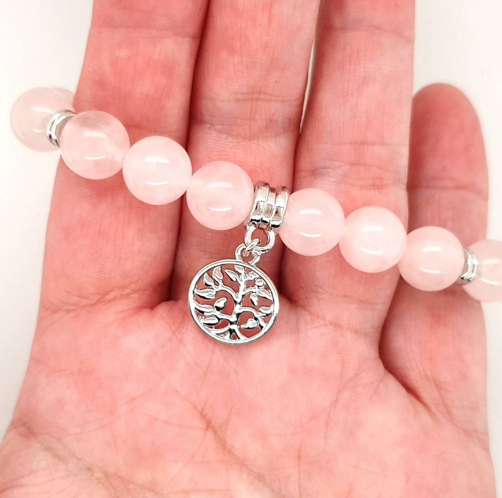 rose quartz bead bracelet with tree of life charm