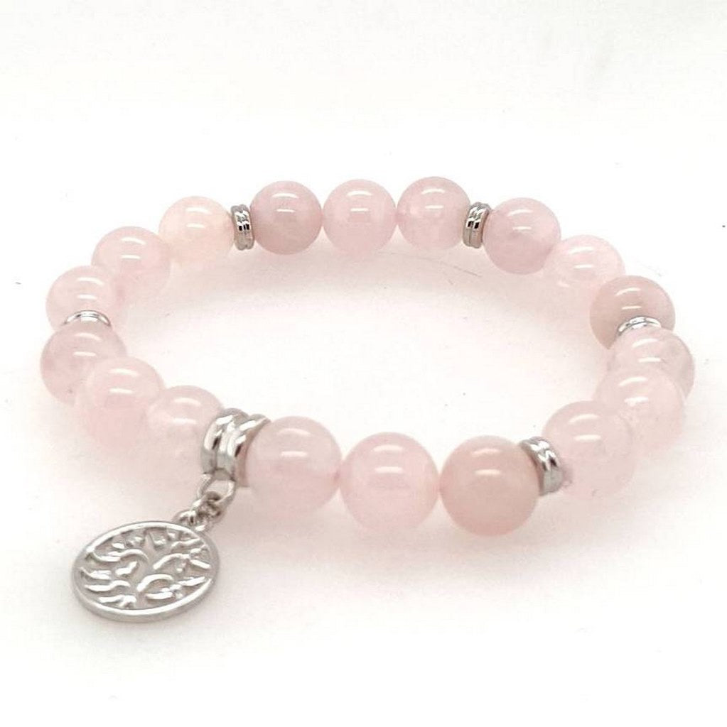rose quartz bead bracelet with tree of life charm