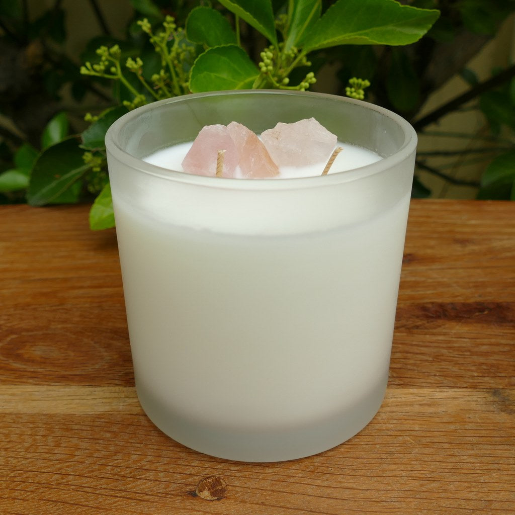 rose quartz crystal candle