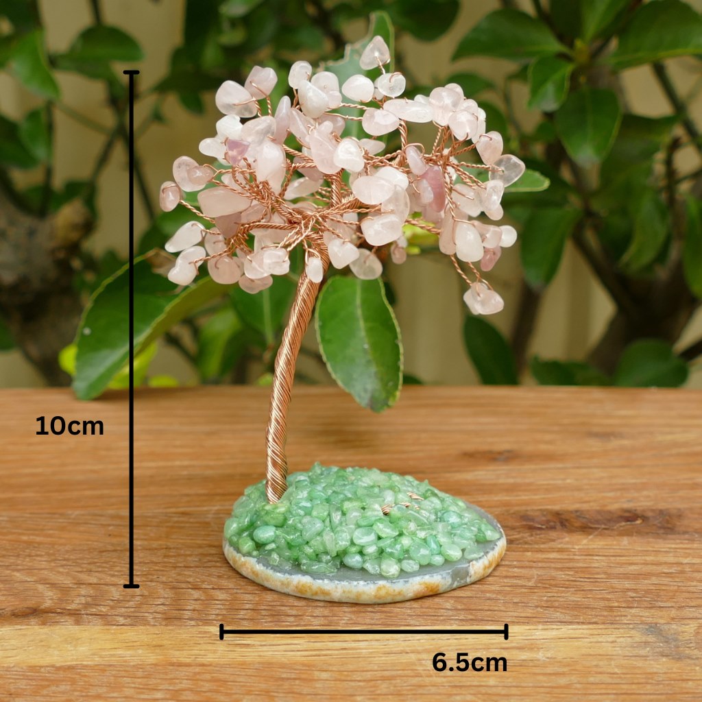 rose quartz crystal gem tree on agate slice base