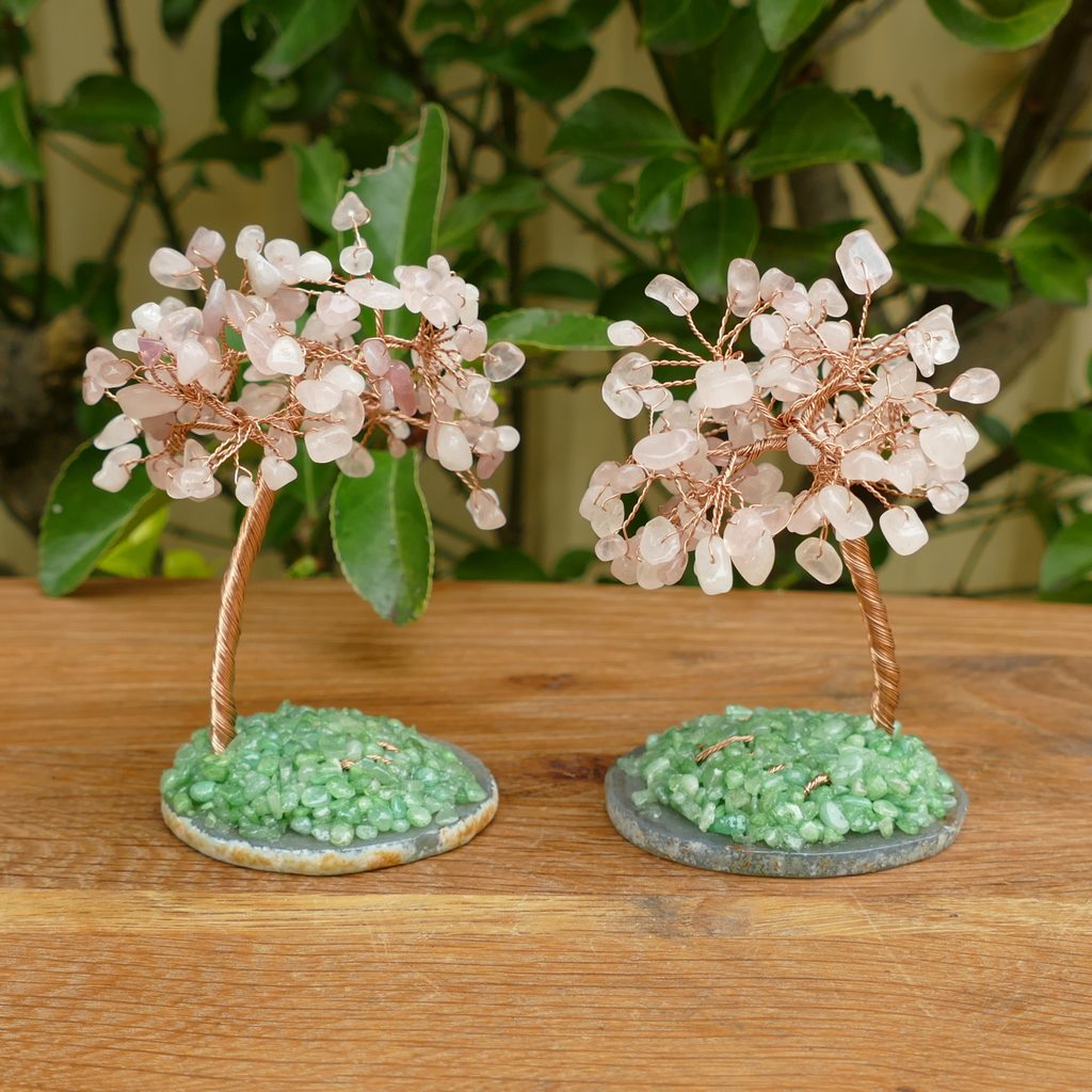 rose quartz crystal gem tree on agate slice base