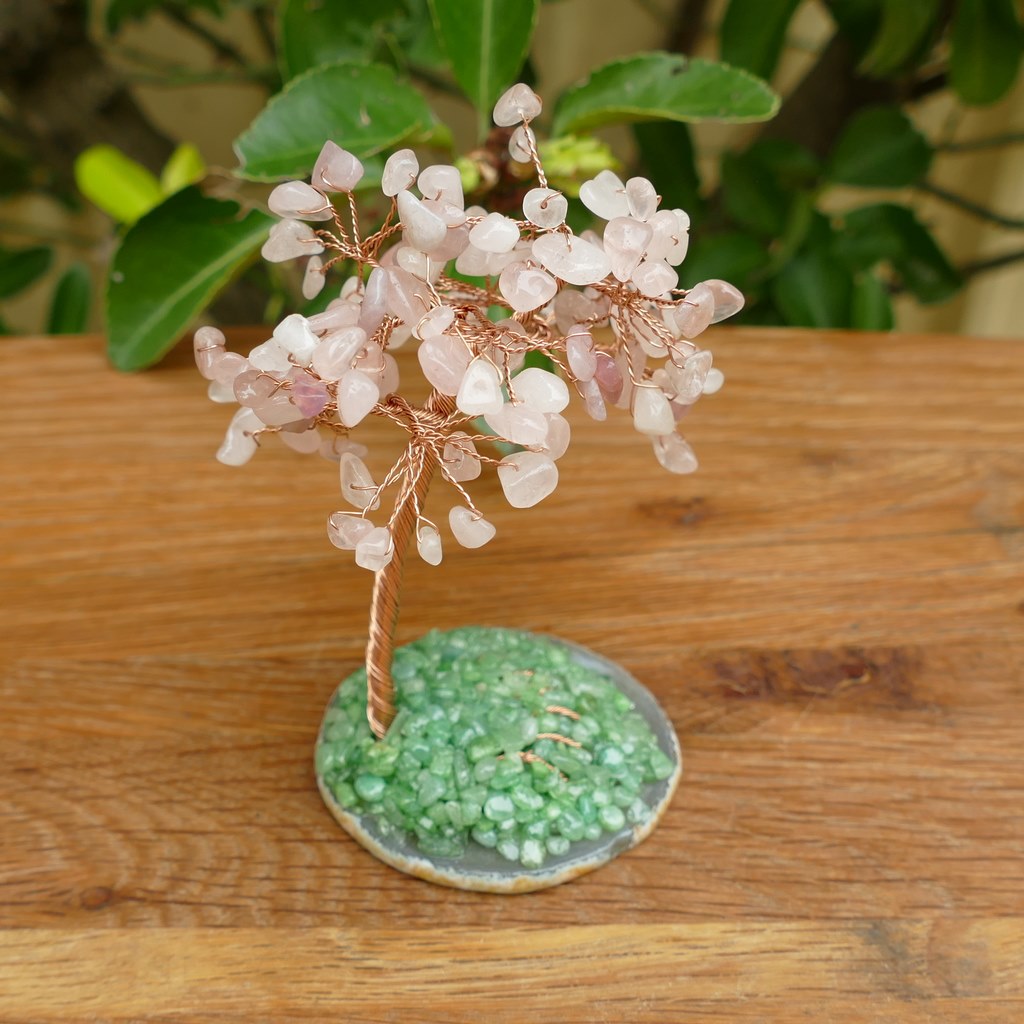 rose quartz crystal gem tree on agate slice base