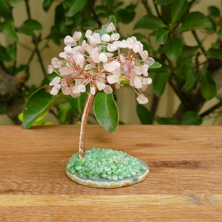 rose quartz crystal gem tree on agate slice base