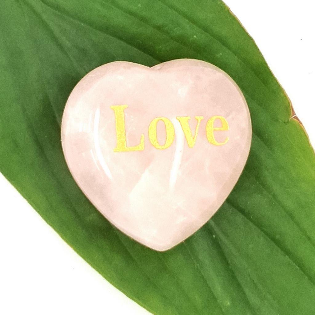 rose quartz heart with love engraving