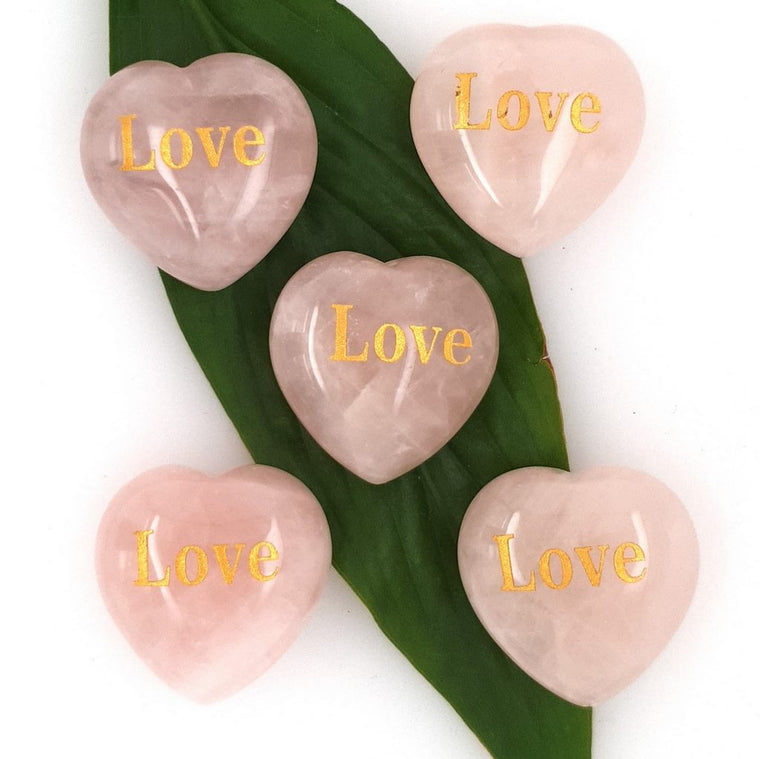 rose quartz heart with love engraving