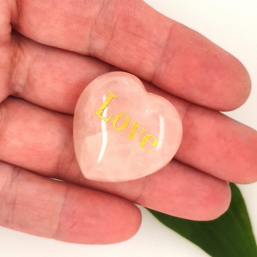 rose quartz heart with love engraving