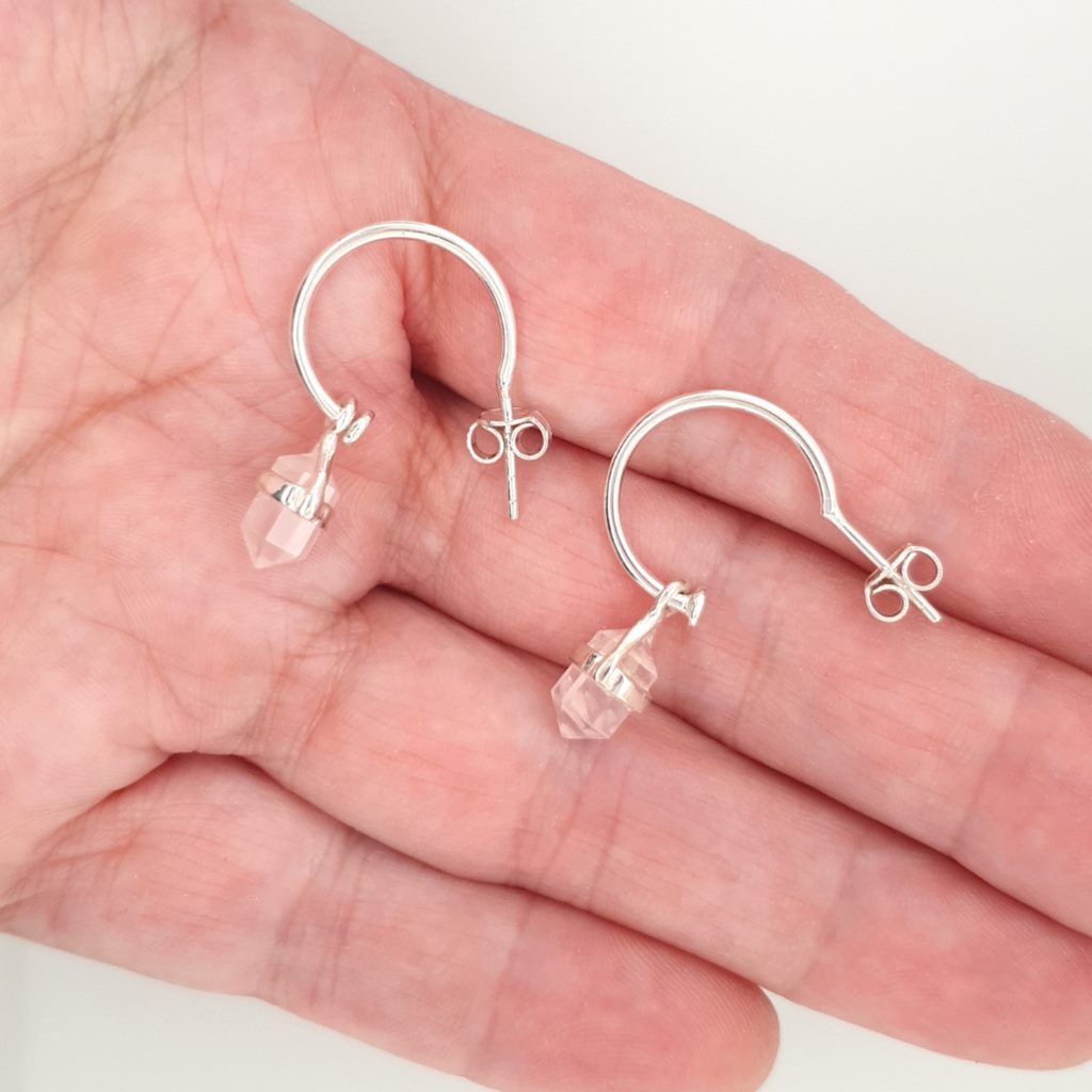 rose quartz pencil point hoop stud earrings