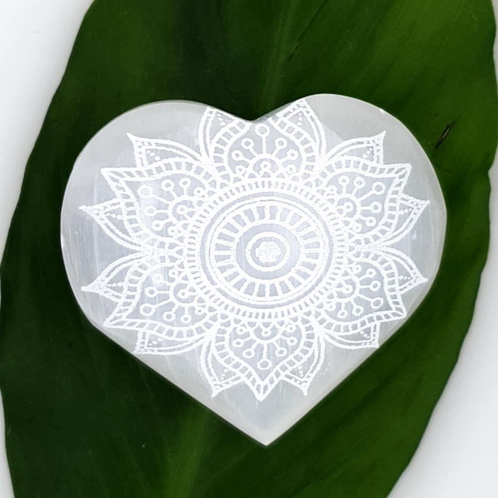 selenite heart engraved with flower