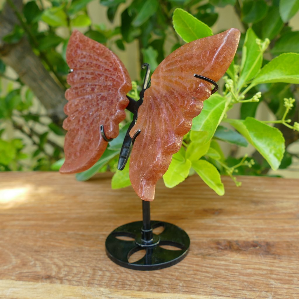 strawberry quartz butterfly wings on stand