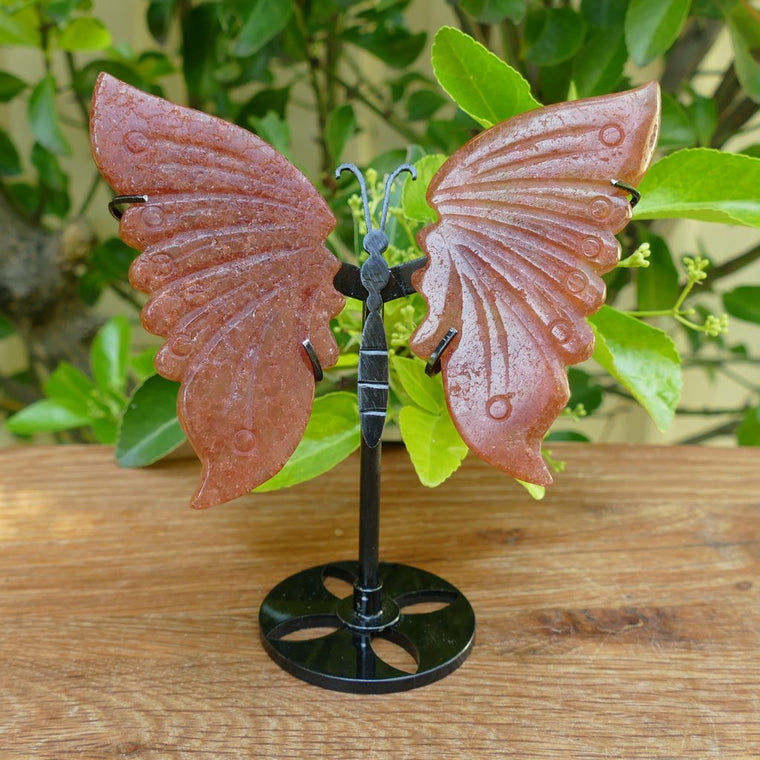 strawberry quartz butterfly wings on stand