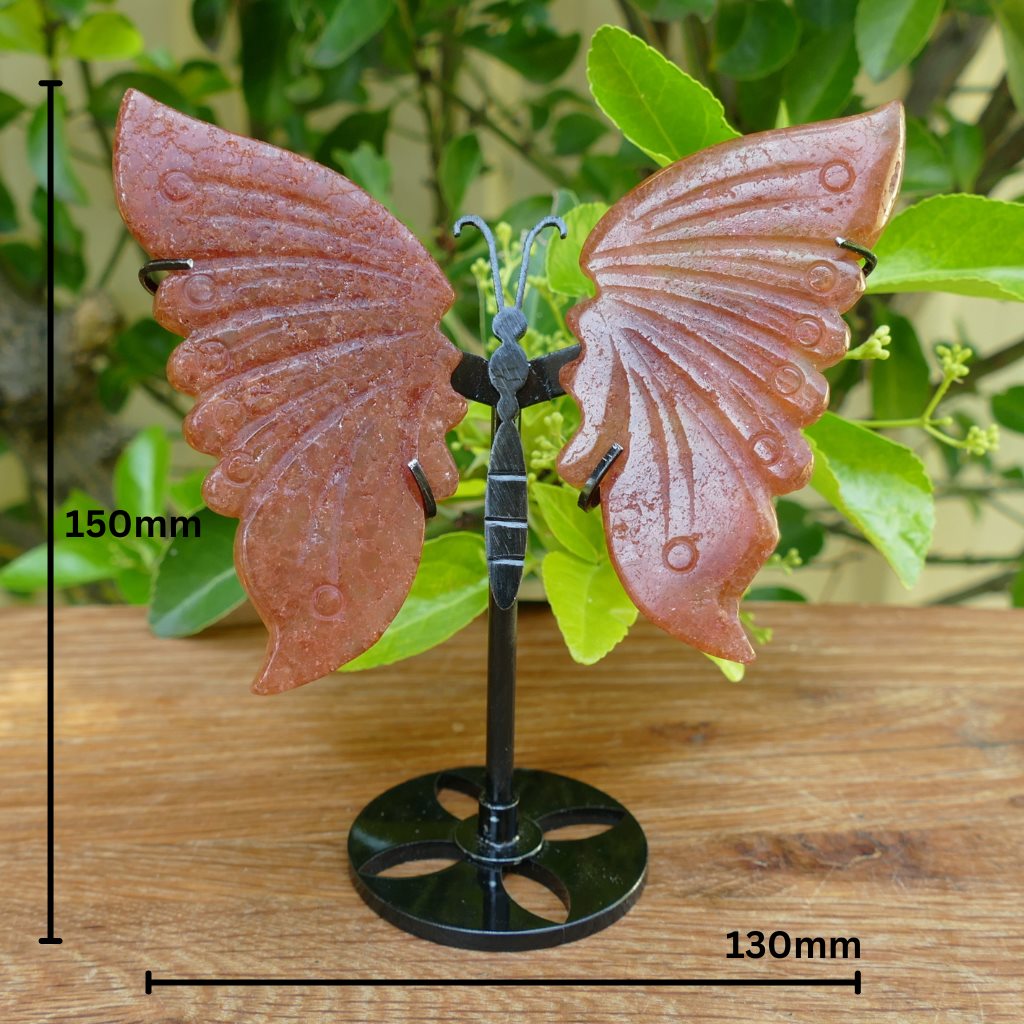 strawberry quartz butterfly wings on stand