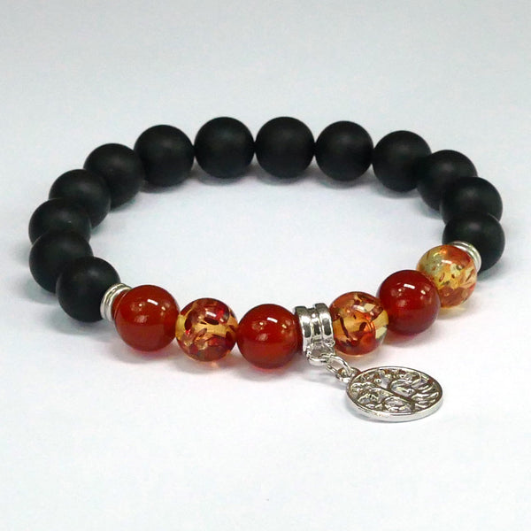 Red Agate and Amber Bracelet with Tree of Life Charm 10mm